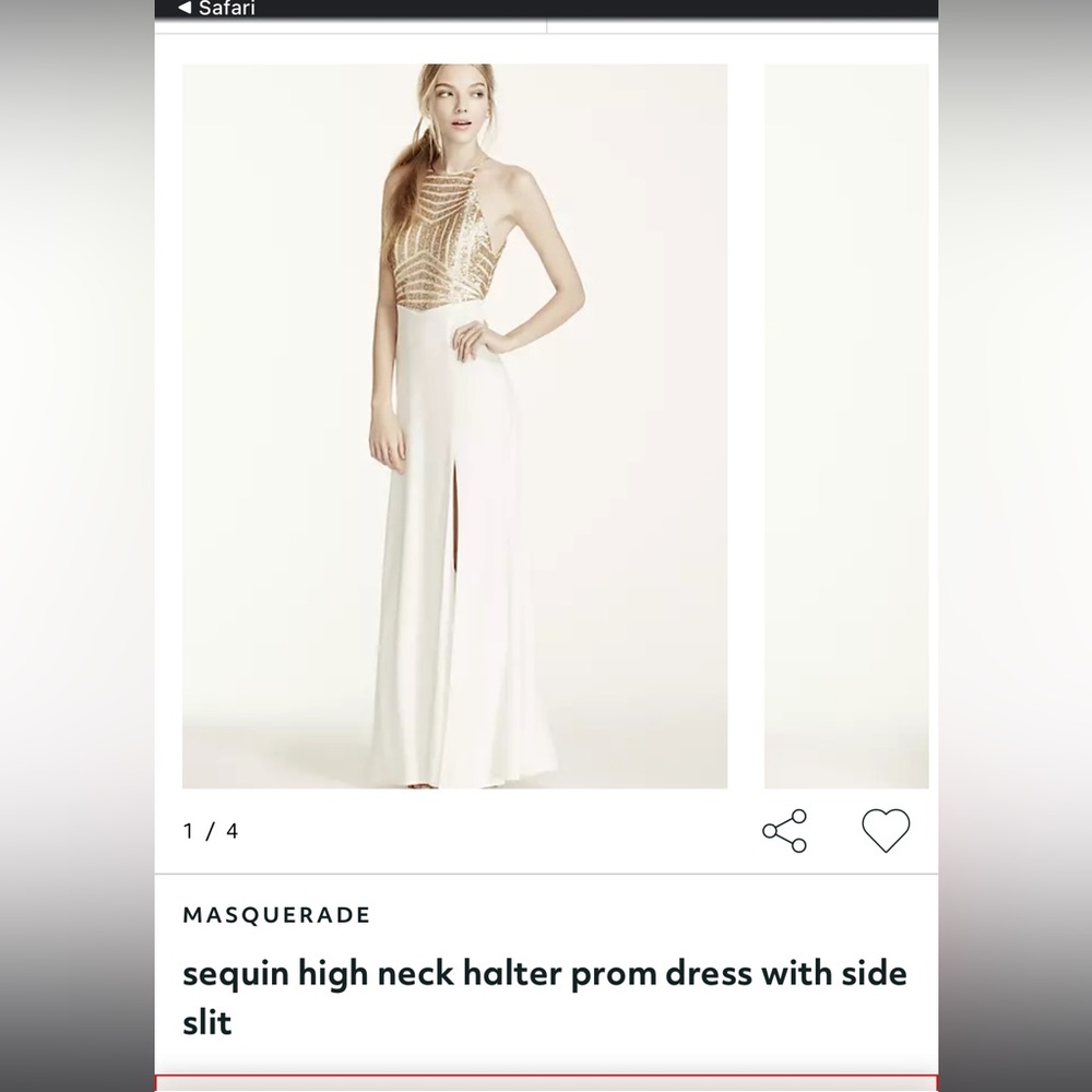 White and gold sequin halter top prom dress